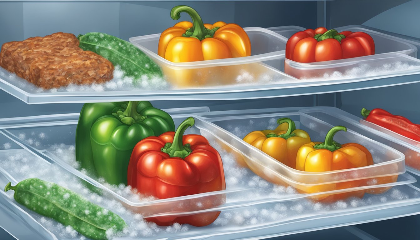 A freezer shelf with a frozen stuffed pepper and a pre-made meatloaf in plastic wrap. Ice crystals cover the peppers, while condensation beads on the meatloaf