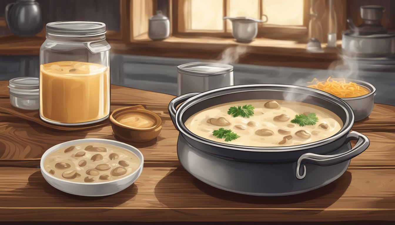 A steaming pot of canned cream of mushroom soup and a bubbling pot of French onion soup sit side by side on a rustic wooden table in a cozy kitchen