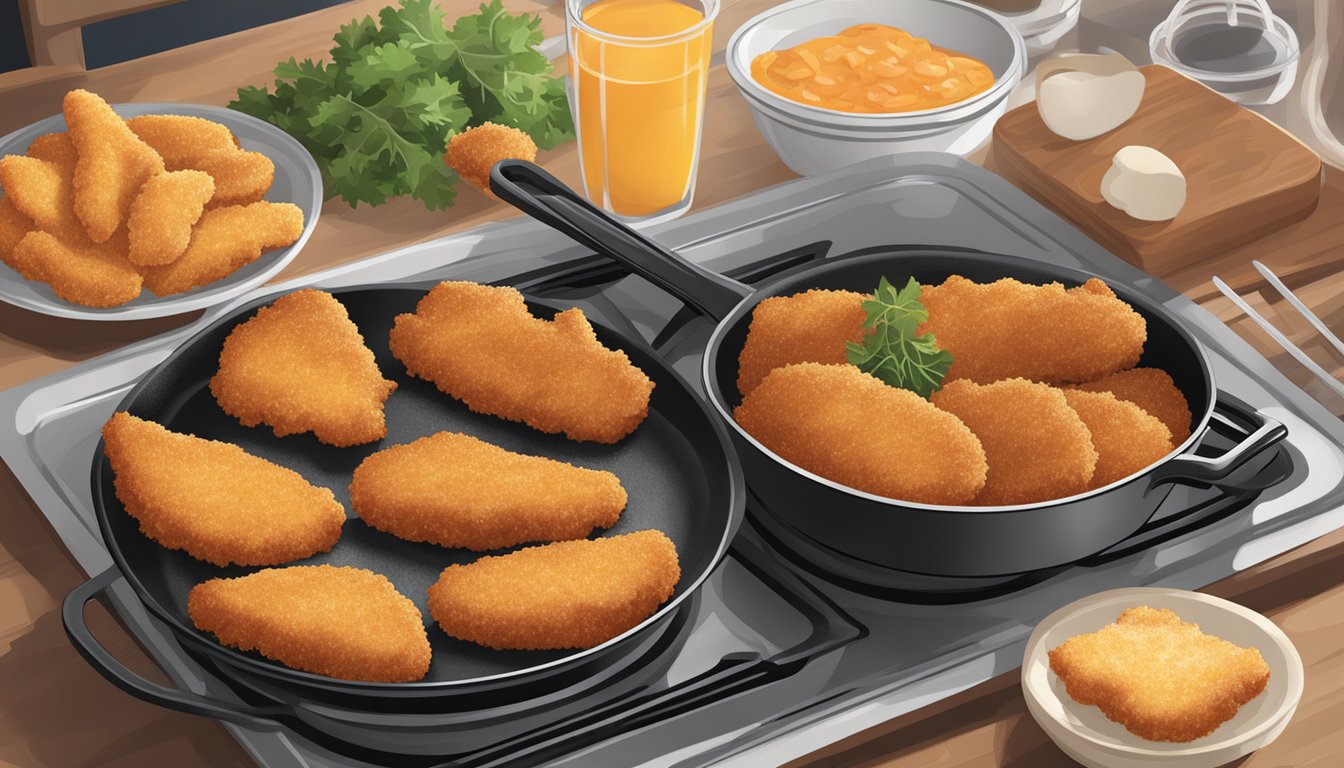 A sizzling skillet with frozen chicken fingers and breaded veal cutlets cooking side by side