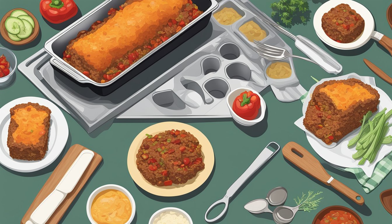 A kitchen counter with a frozen stuffed pepper next to a pre-made meatloaf, surrounded by various cooking utensils and ingredients