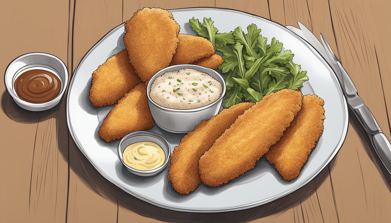 A plate with frozen chicken fingers and breaded veal cutlets side by side on a table