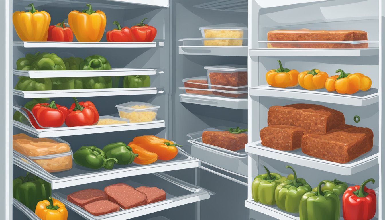 A freezer with frozen stuffed peppers and a pantry with pre-made meatloaf