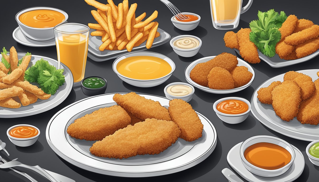 A plate with frozen chicken fingers and breaded veal cutlets, surrounded by various sauces and complementary flavors