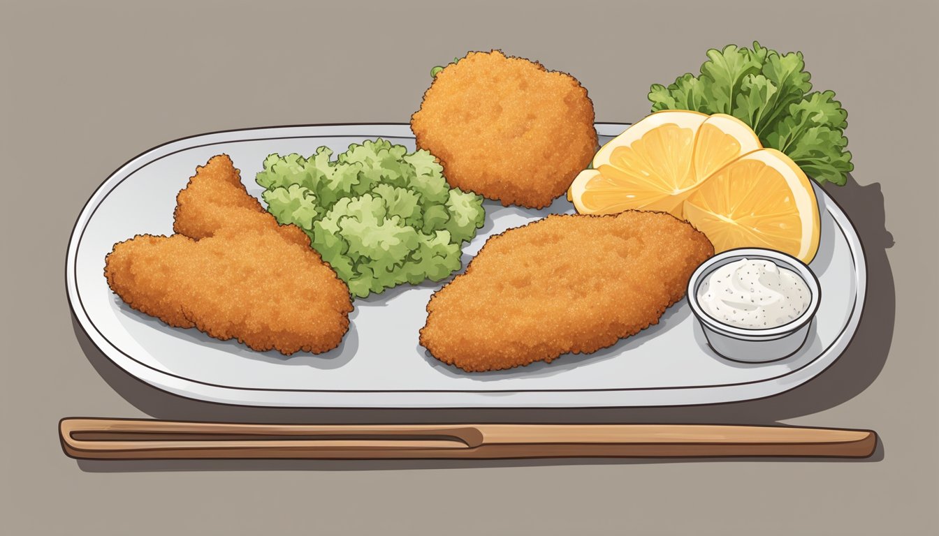 A plate with frozen chicken fingers and breaded veal cutlets side by side, with a survey or rating scale next to them