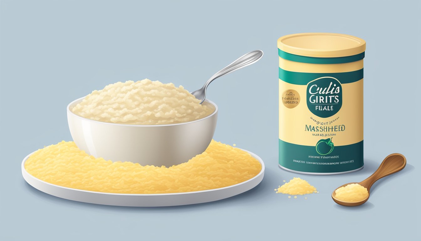 A table with a bowl of instant grits and a bowl of flavored mashed potato flakes, surrounded by empty packaging and a spoon