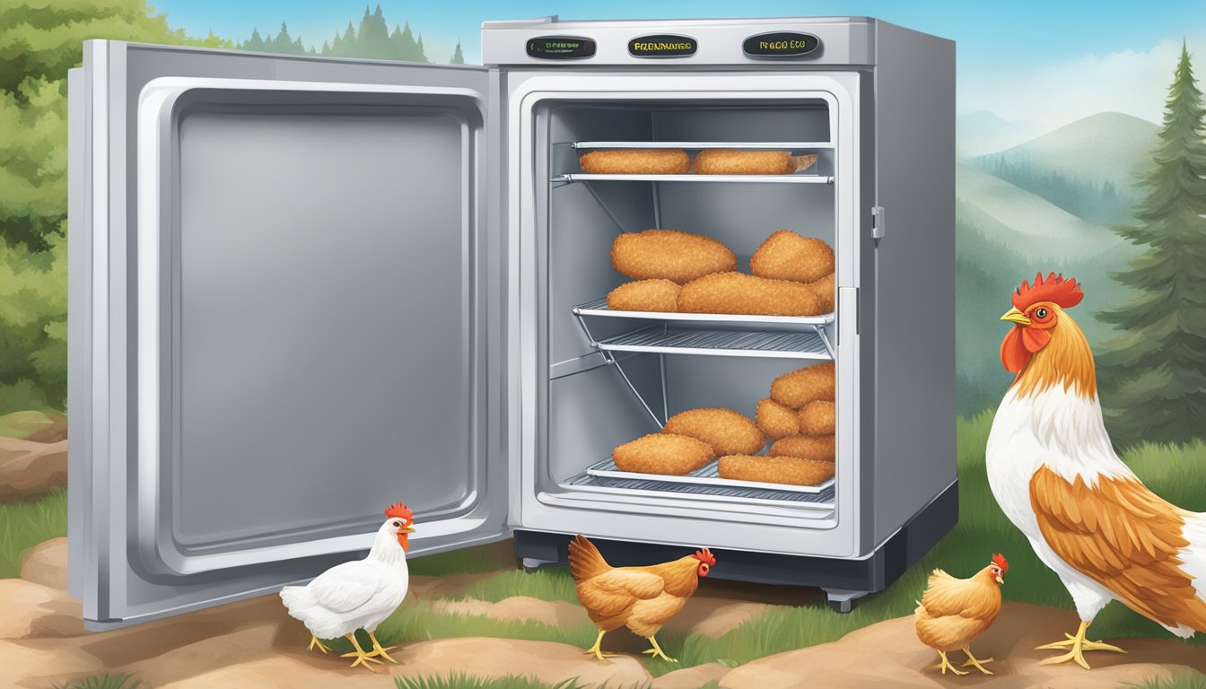 A freezer with frozen chicken fingers next to a package of breaded veal cutlets, surrounded by images of chickens and calves in a natural environment