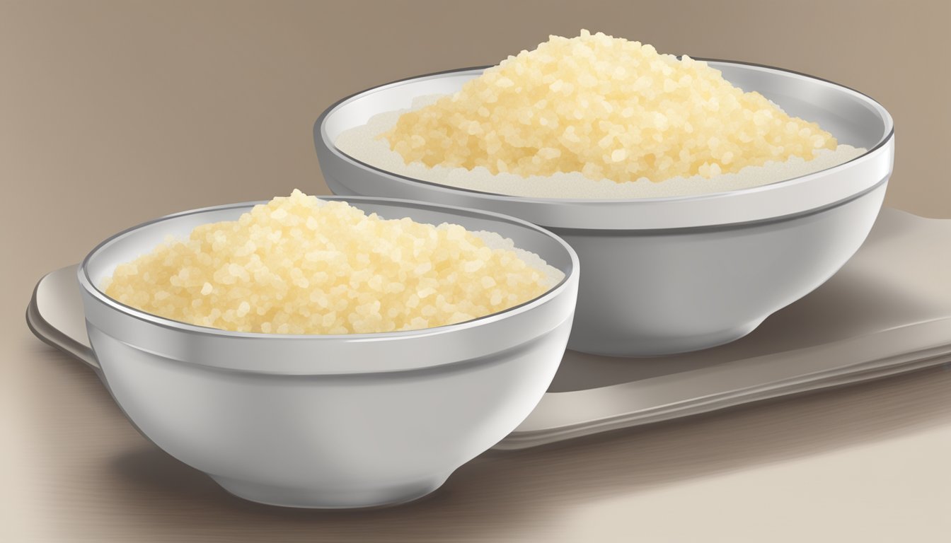 A table with two bowls of food: one containing packaged instant grits and the other with flavored mashed potato flakes. A nutrition label is visible next to each bowl