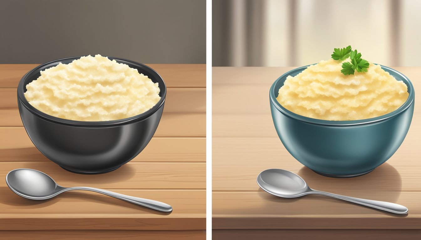 A comparison of a bowl of instant grits and a bowl of flavored mashed potato flakes on a wooden table, with a spoon resting on the side