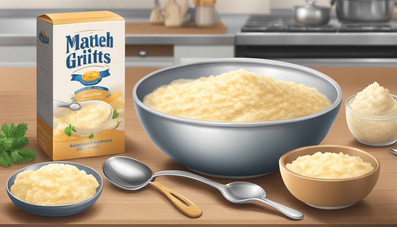 A kitchen counter with two open boxes of packaged instant grits and flavored mashed potato flakes, with a bowl and spoon beside them