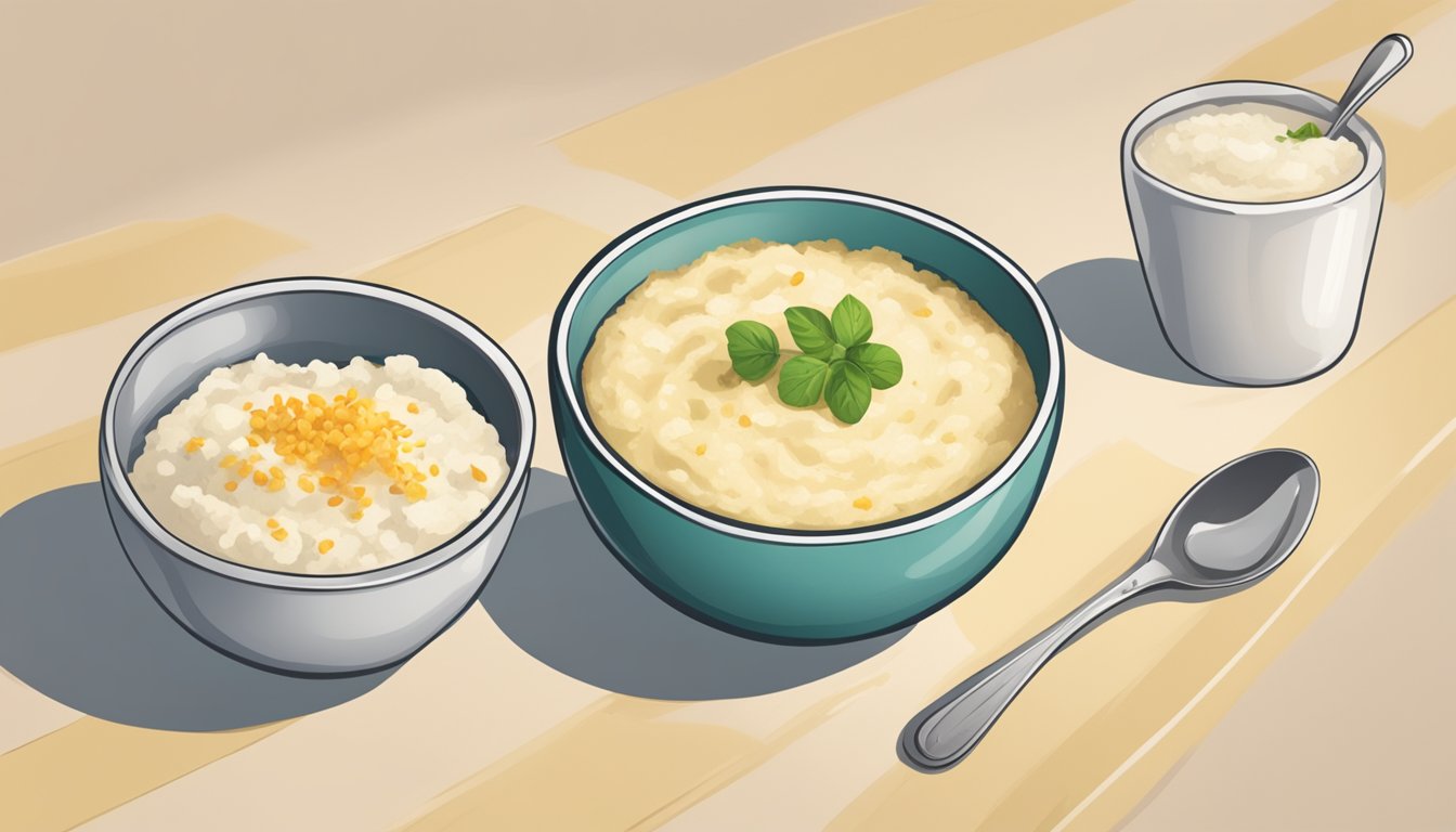 A table with two bowls - one filled with packaged instant grits and the other with flavored mashed potato flakes. A question mark hovers above them