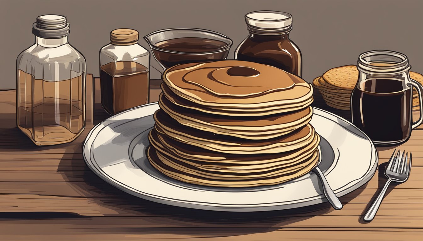 A rustic kitchen table with a stack of pancakes, a bottle of maple-flavored syrup, and a bottle of chocolate syrup