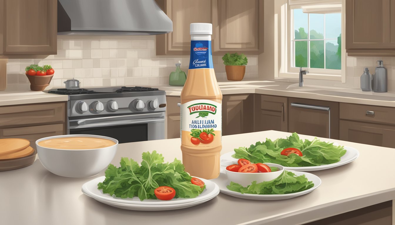 A bottle of Thousand Island dressing and a bottle of creamy Italian dressing on a kitchen counter, with a plate of mixed greens and tomatoes nearby