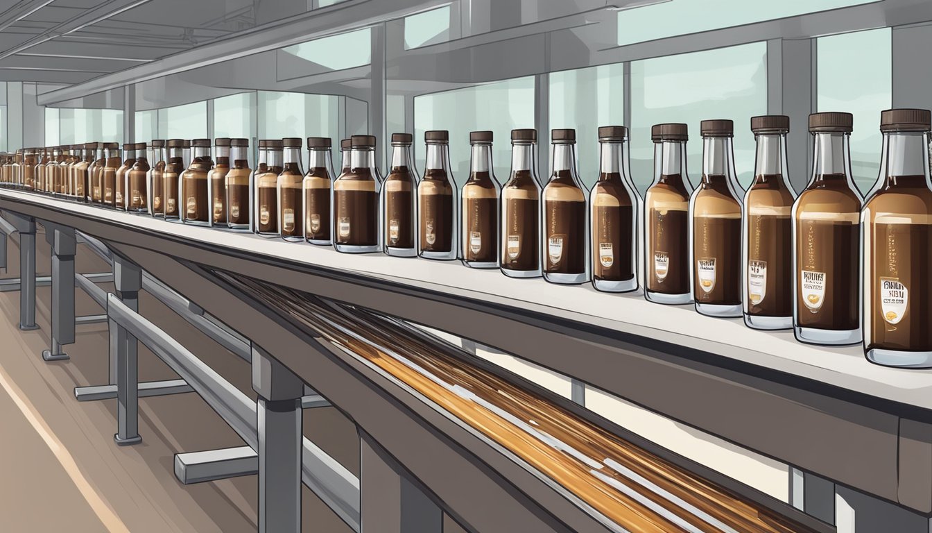 A conveyor belt moves glass bottles filled with maple-flavored and chocolate syrup. Labels are being applied to the bottles as they move along the line