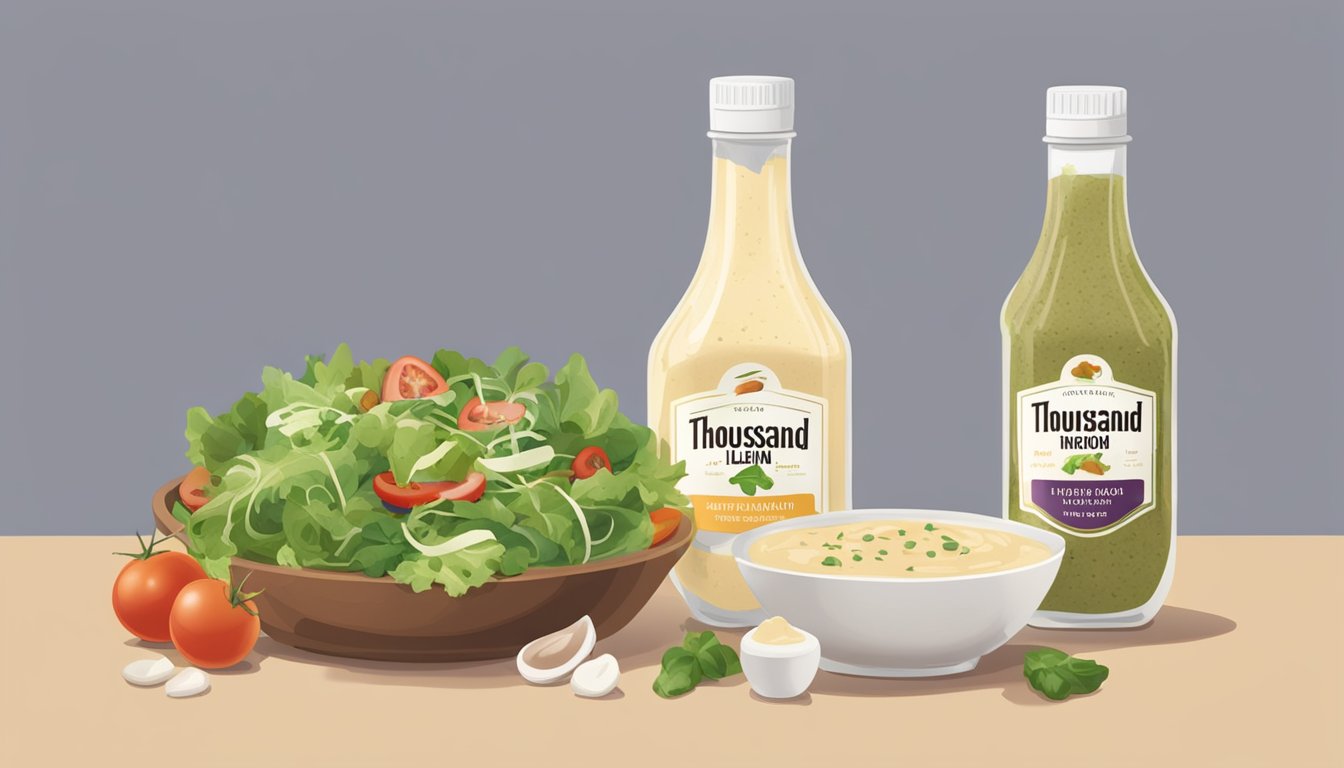 A table with two open bottles of dressing, one labeled "Thousand Island" and the other "creamy Italian." A few salad ingredients are scattered around