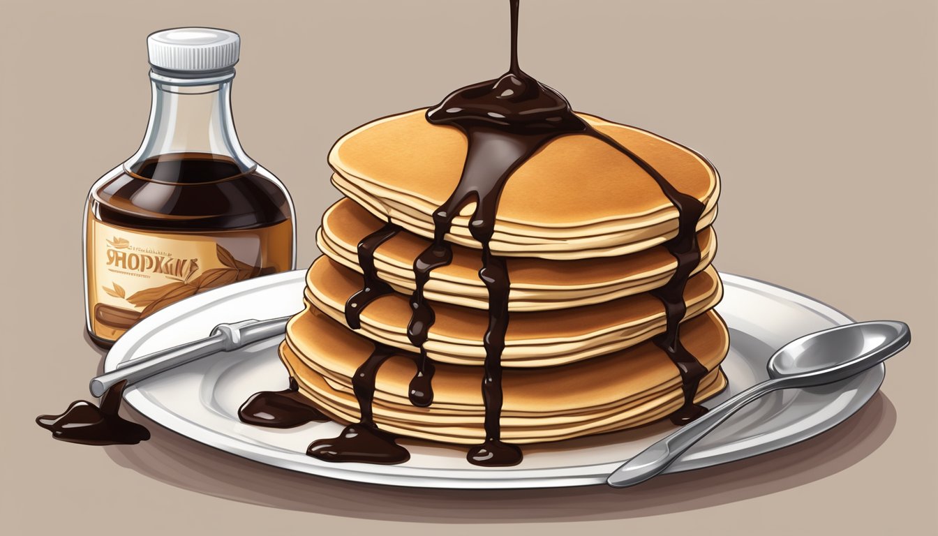 A stack of pancakes with a bottle of maple-flavored syrup on one side and a bottle of chocolate syrup on the other