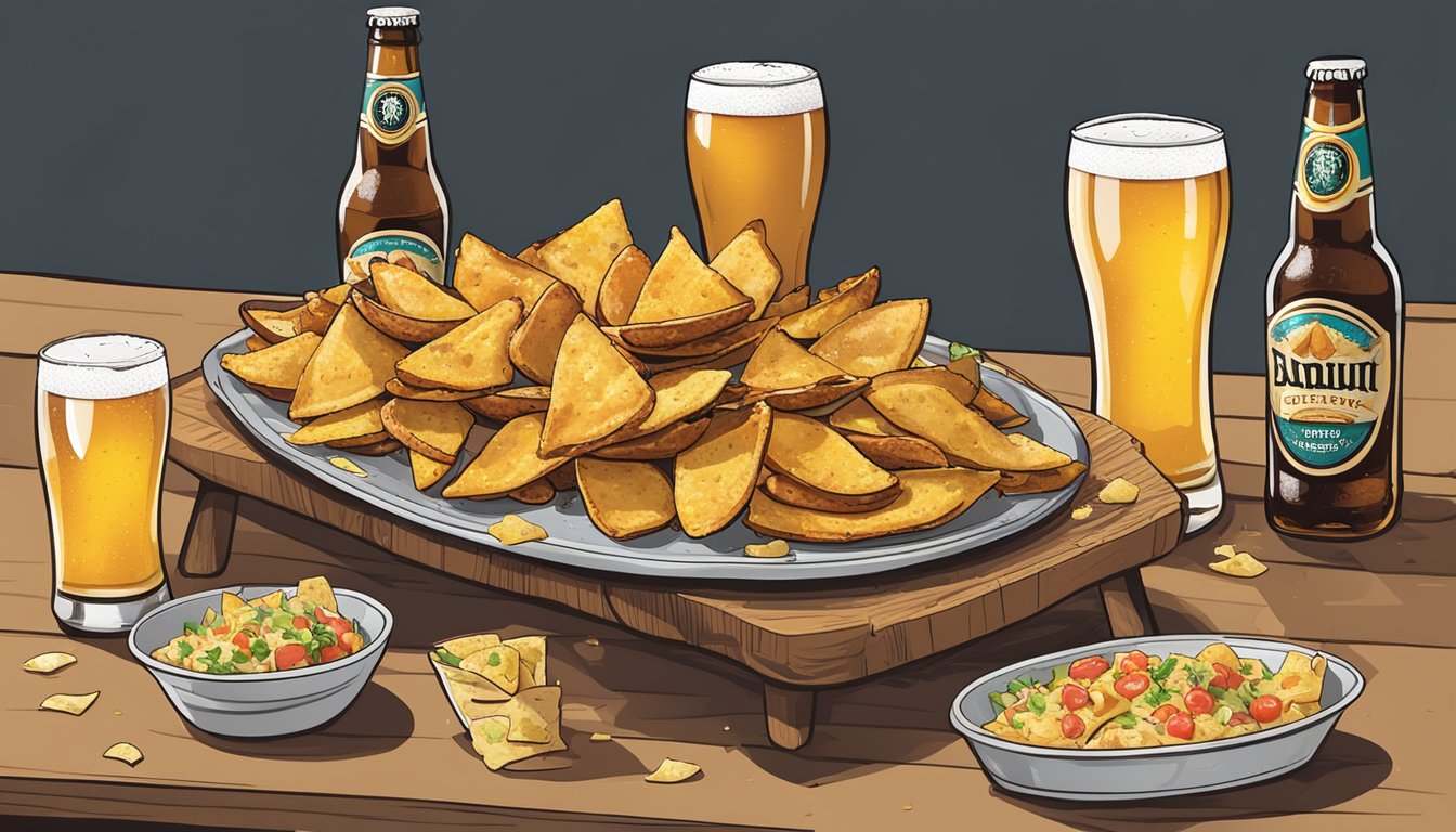 A table with a plate of frozen stuffed potato skins next to a platter of loaded nachos, both surrounded by empty beer bottles and scattered crumbs