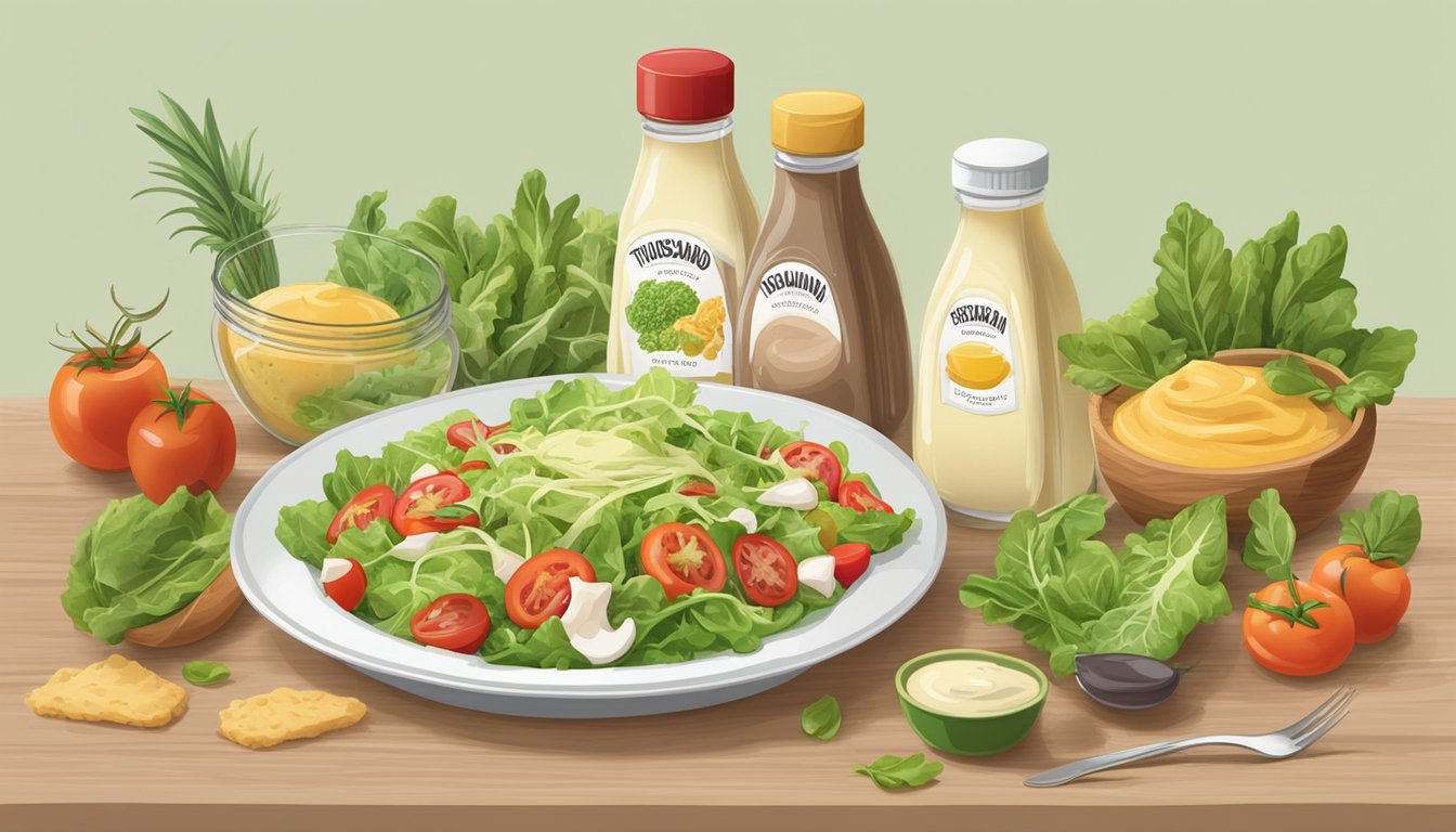 A table with two open bottles of dressing, one labeled "Thousand Island" and the other "creamy Italian," surrounded by various salad ingredients and a shopping list