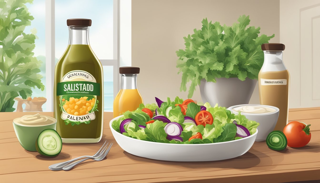 A table with two bottles of salad dressing, one labeled "Bottled Thousand Island" and the other "Creamy Italian", surrounded by fresh vegetables and a salad bowl