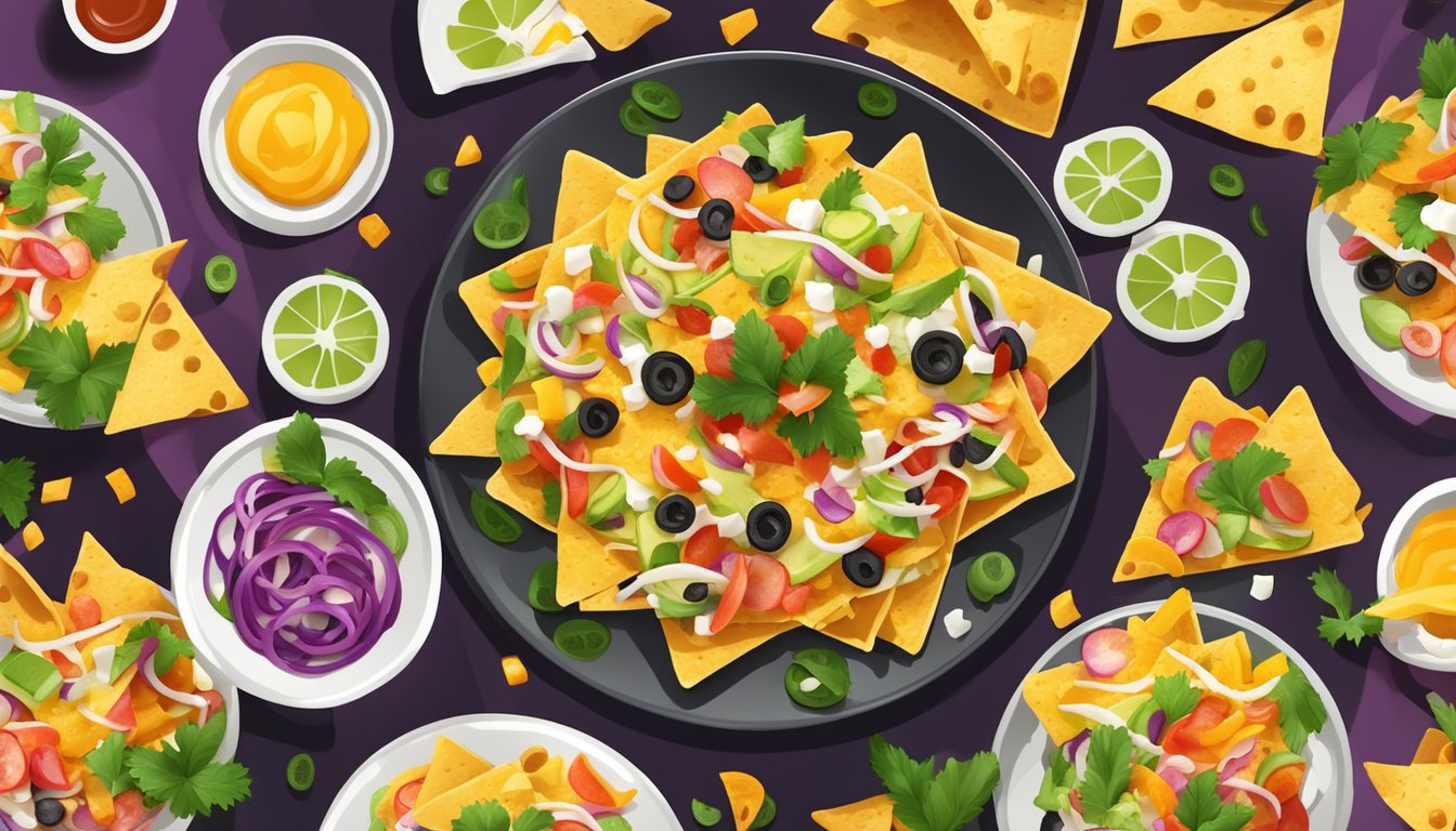 A plate of loaded nachos with a variety of toppings and melted cheese, surrounded by colorful chips and garnishes