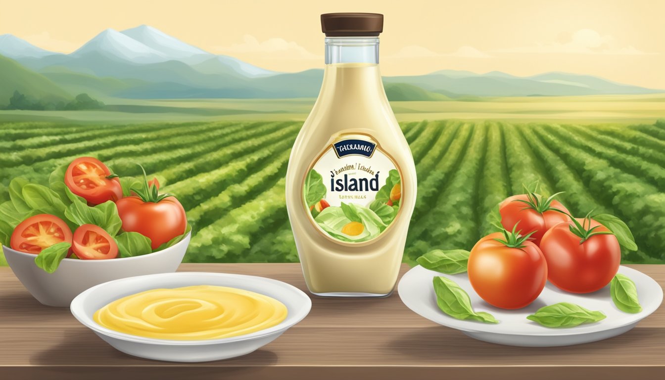 A table with two bottles of salad dressing, one labeled "Thousand Island" and the other "creamy Italian."