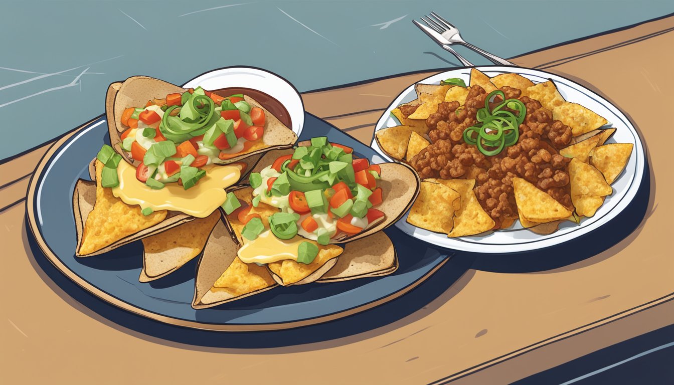 A plate with frozen stuffed potato skins next to loaded nachos, showcasing the contrasting textures and colors of the two dishes