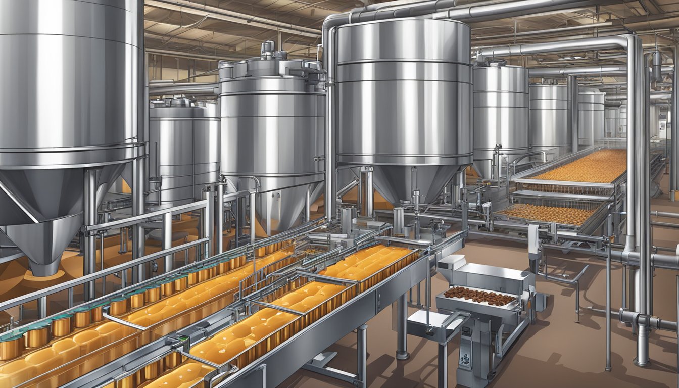 A modern factory with conveyor belts producing syrup bottles, surrounded by large vats of maple and chocolate syrup