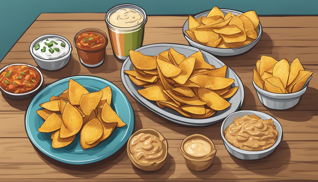 A table with a plate of frozen stuffed potato skins next to a platter of loaded nachos, surrounded by empty chip bags and dip containers