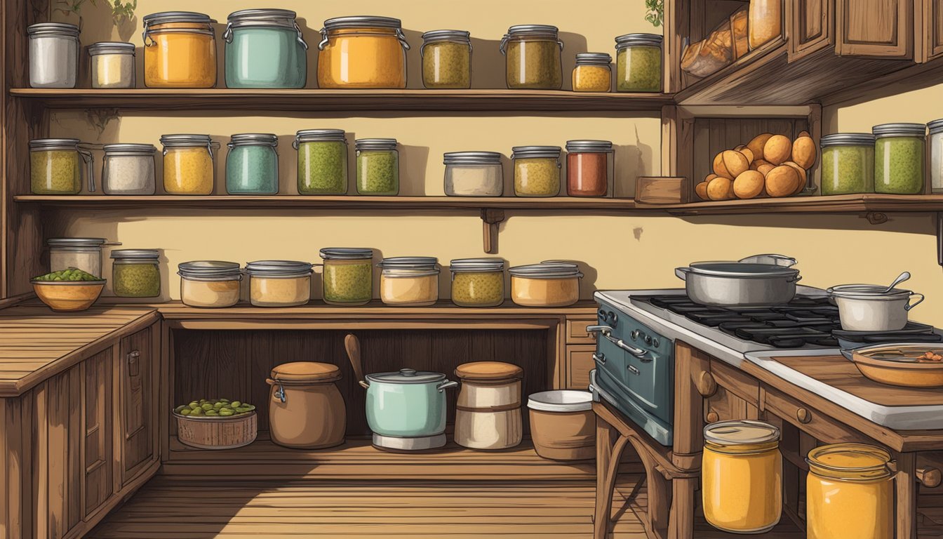 A rustic kitchen with shelves of canned soups, a pot simmering split pea with ham, and historical soup recipe books on the counter