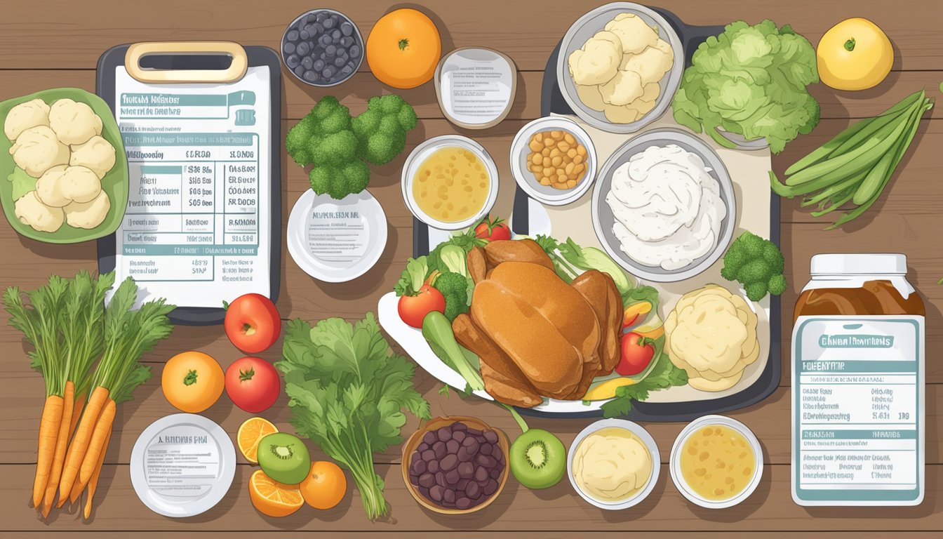 A table with a can of beef stew and a bowl of chicken and dumplings, surrounded by various fruits, vegetables, and nutritional information labels