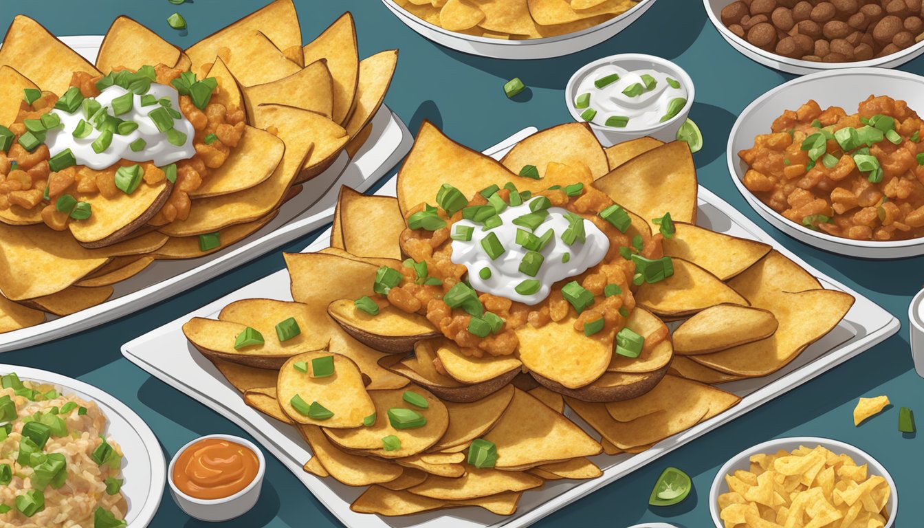 A platter of frozen stuffed potato skins sits next to a pile of loaded nachos, both surrounded by various dietary restriction labels