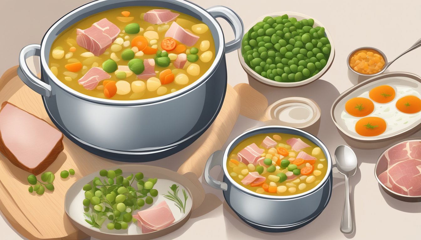 A table with two open cans of soup, one minestrone and one split pea with ham, surrounded by scattered vegetables and ham chunks