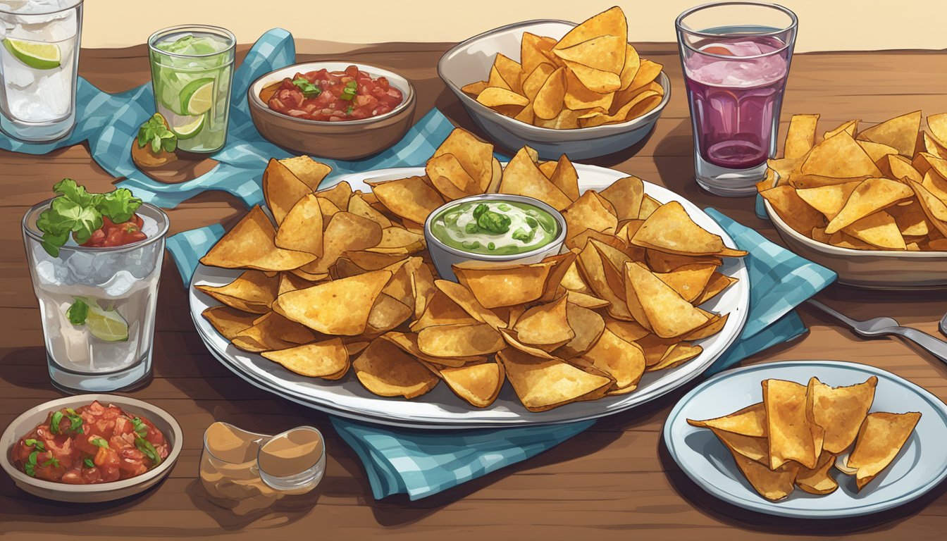 A table with a plate of frozen stuffed potato skins next to a platter of loaded nachos, both surrounded by empty drink glasses and crumpled napkins