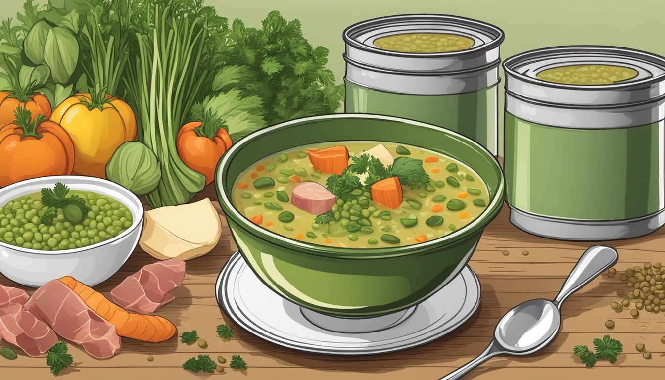 A table with two open cans of soup, one labeled "minestrone" and the other "split pea with ham," surrounded by various fresh vegetables and herbs