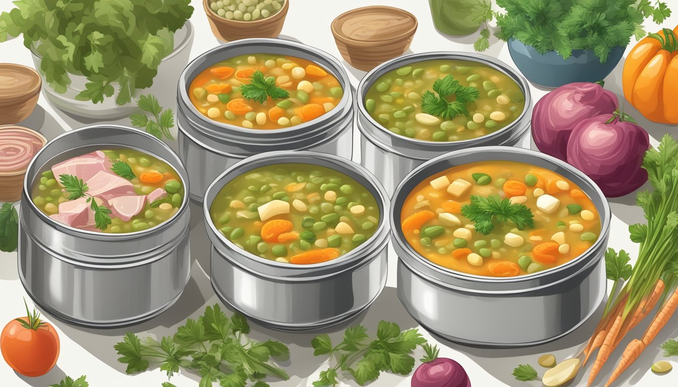 A table with two open cans of soup, one labeled "canned minestrone" and the other "split pea with ham," surrounded by various fresh vegetables and herbs