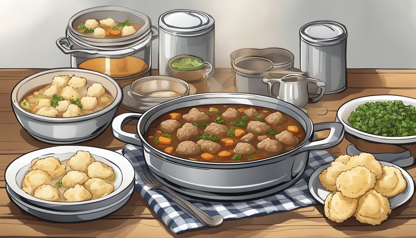 A table set with two steaming bowls of canned beef stew and chicken and dumplings, surrounded by scattered utensils and napkins