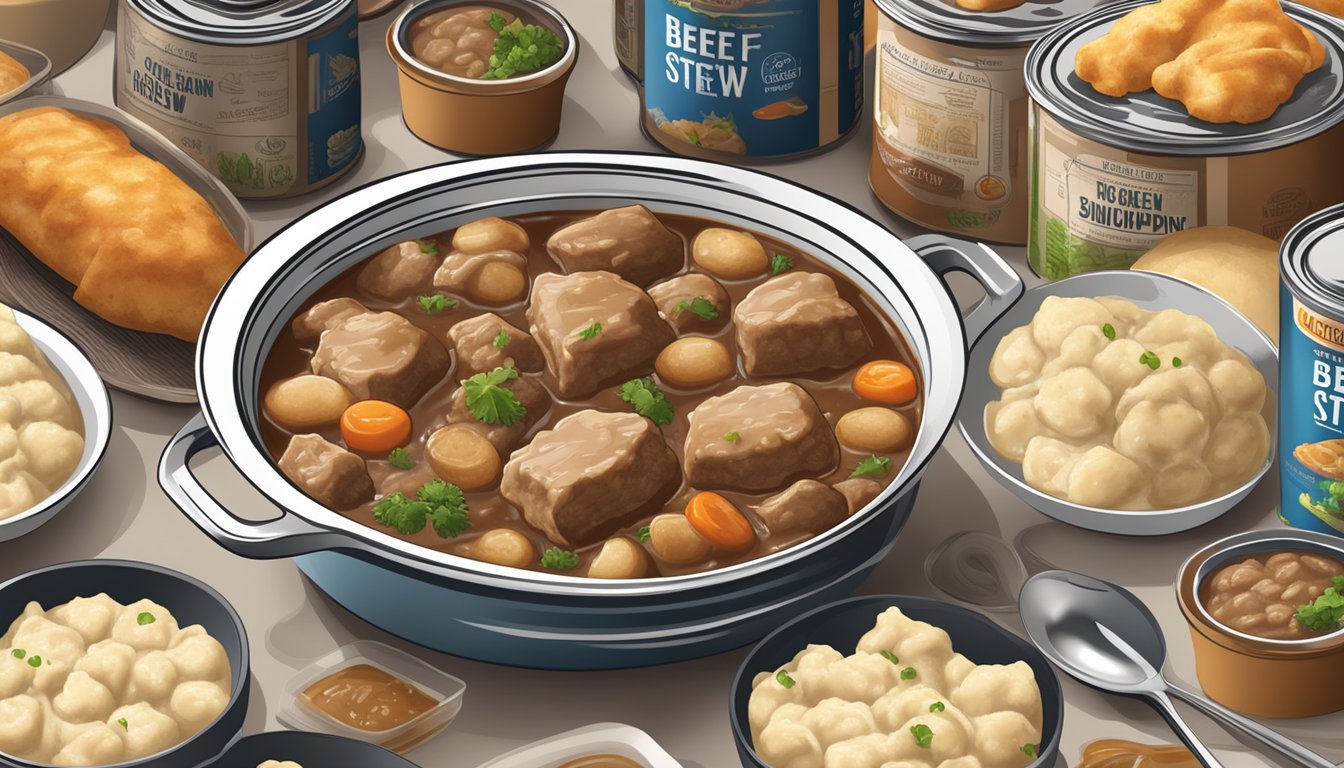 A table with open cans of beef stew and chicken and dumplings, surrounded by various brand labels and packaging