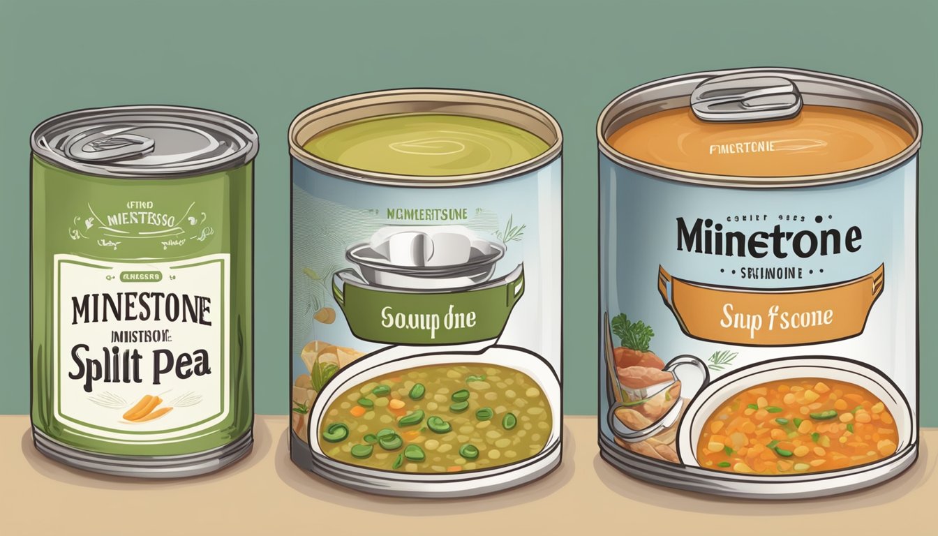 A kitchen counter with two open cans of soup, one labeled "minestrone" and the other "split pea with ham."