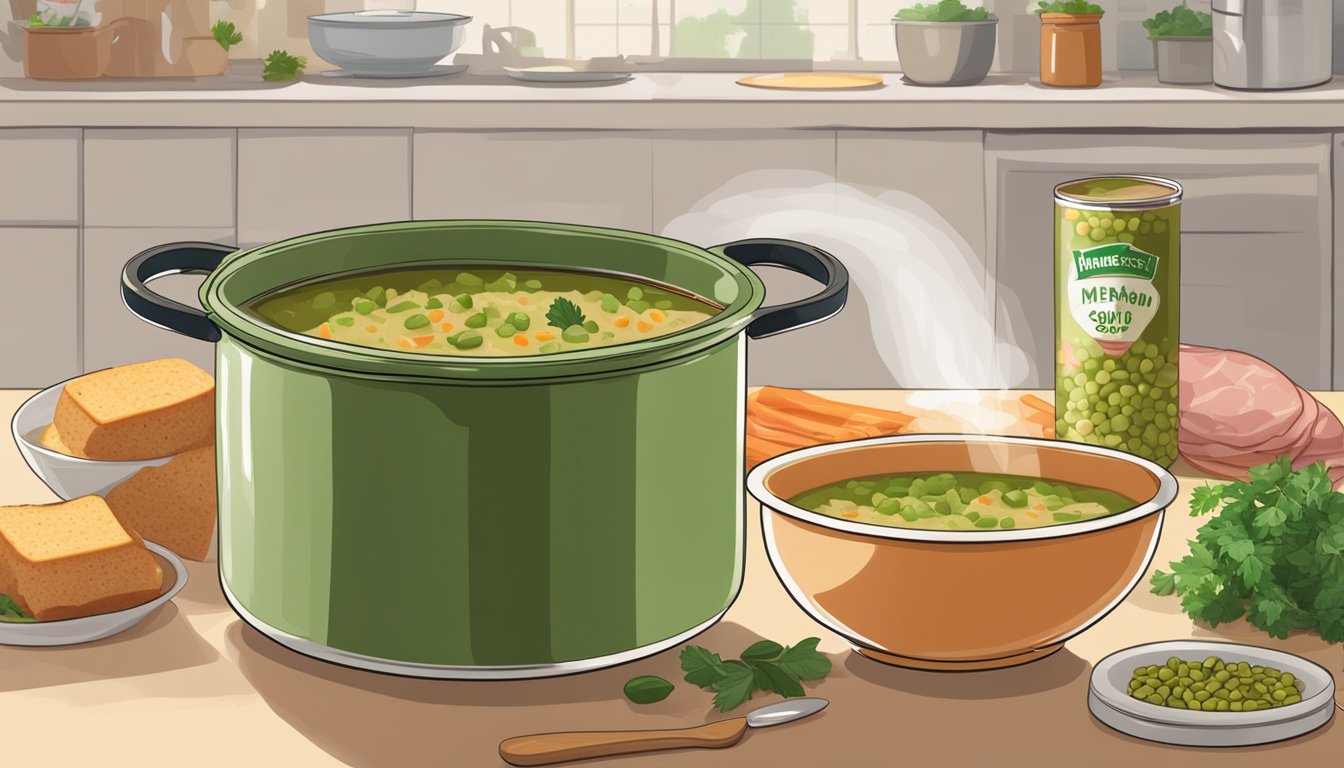 A steaming pot of split pea soup with chunks of ham and fresh herbs, next to a can of minestrone soup on a kitchen counter