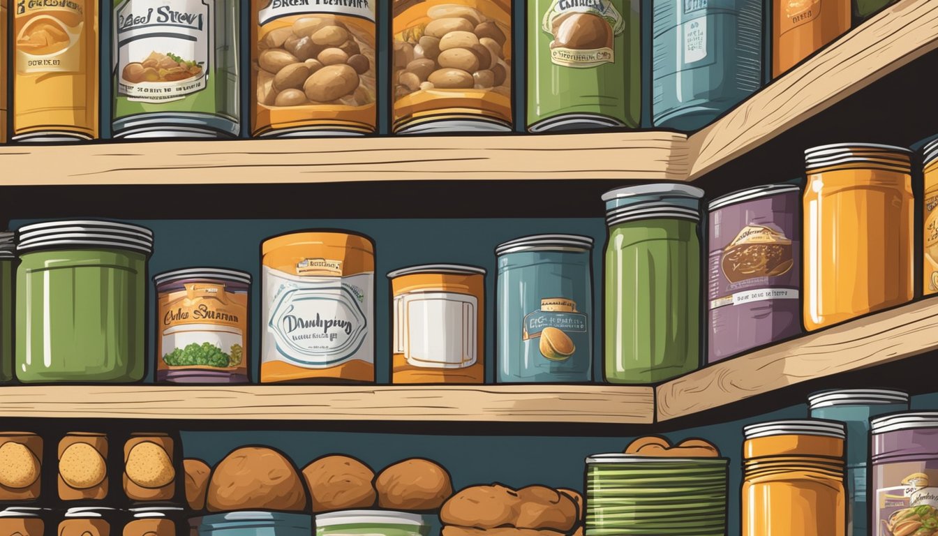 A kitchen pantry shelf with rows of canned goods, featuring beef stew and chicken and dumplings