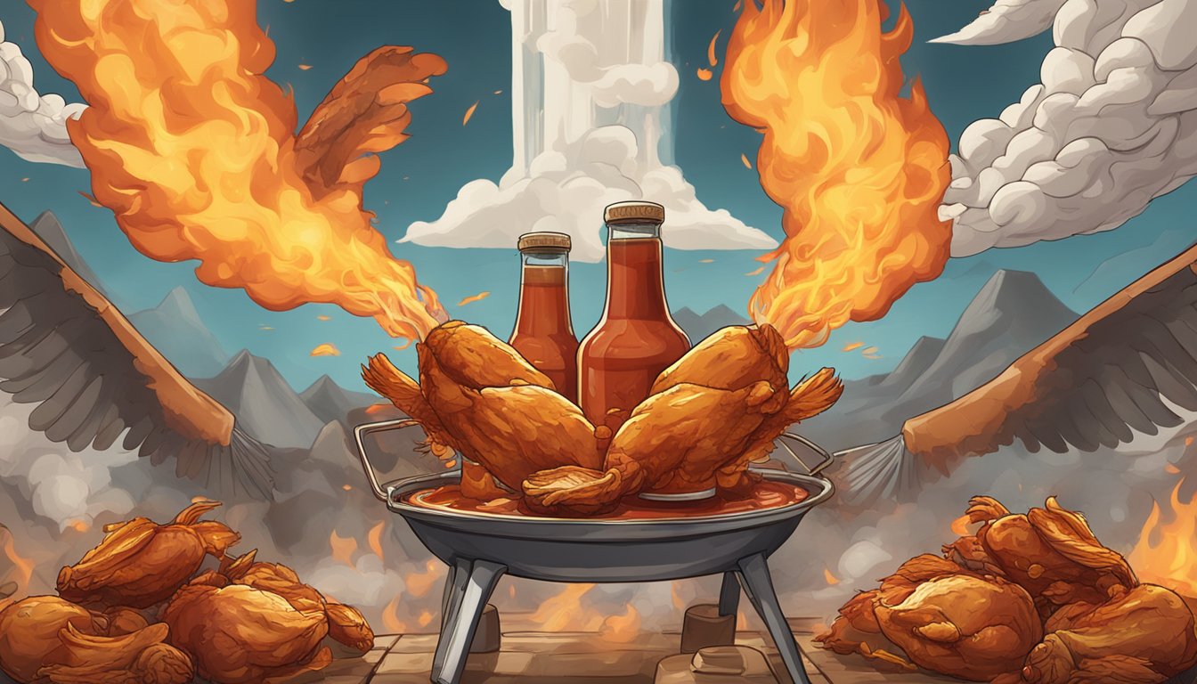 Two sauce bottles facing off in a fiery battlefield, surrounded by chicken wings and barbecue ribs. Smoke and flames fill the air as the sauces clash