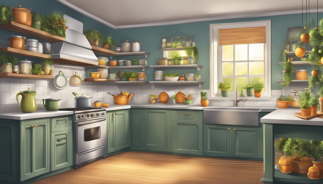 A cozy kitchen with shelves of canned soup, a pot on the stove, and seasonal decorations