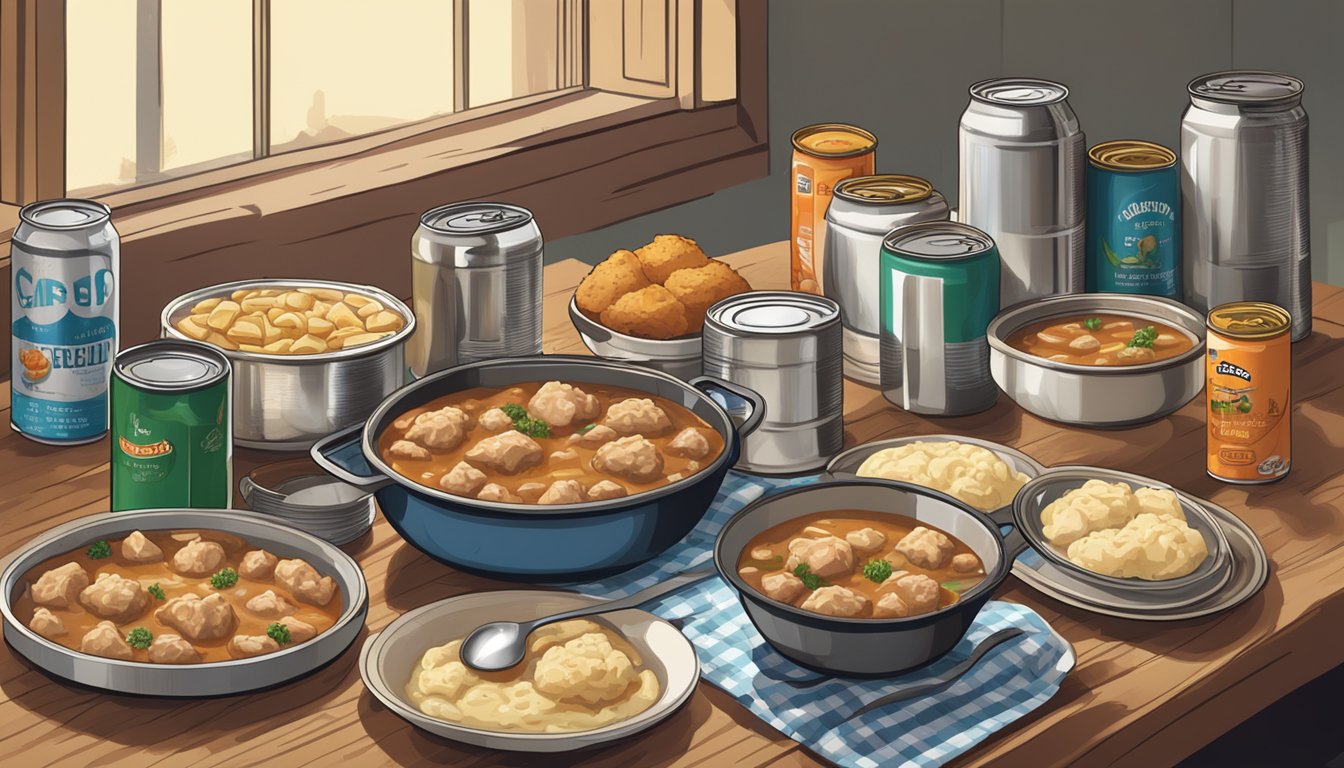 A table set with two steaming bowls of canned beef stew and chicken and dumplings, surrounded by empty cans and a disappointed diner