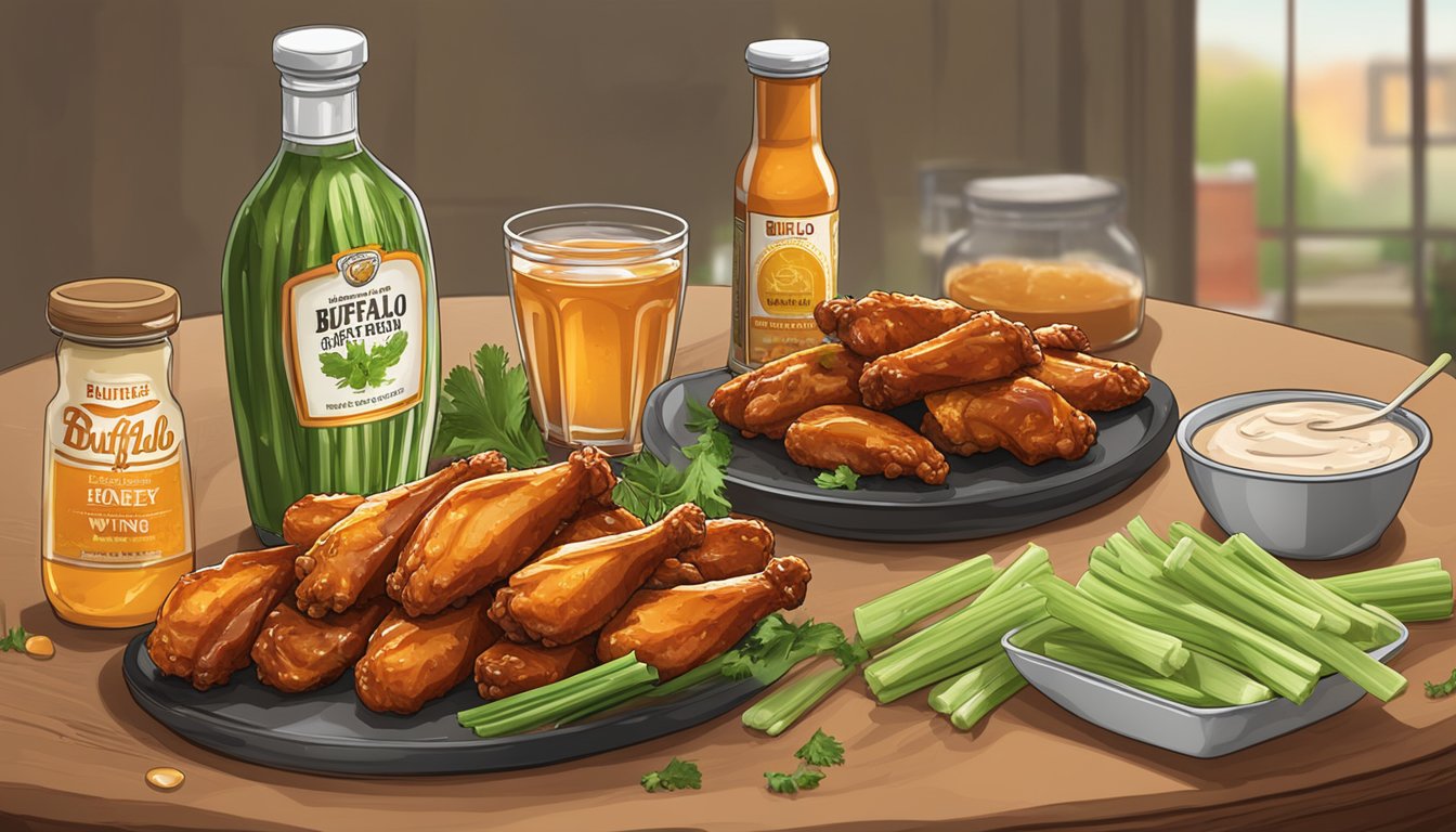 A table with two open bottles of sauce, one labeled "Buffalo wing" and the other "honey barbecue," surrounded by chicken wings and celery sticks