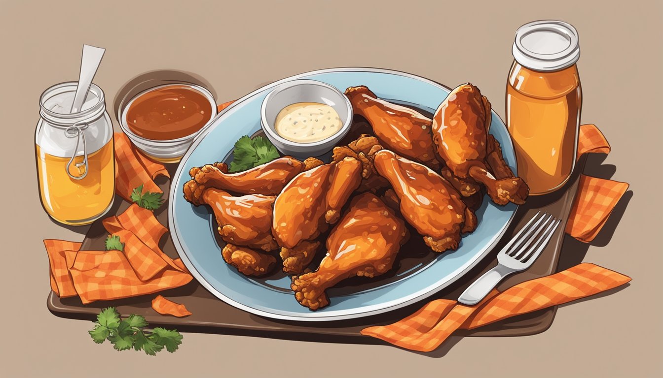 A plate with two chicken wings, one drenched in bottled buffalo wing sauce and the other in honey barbecue sauce, surrounded by a pile of napkins