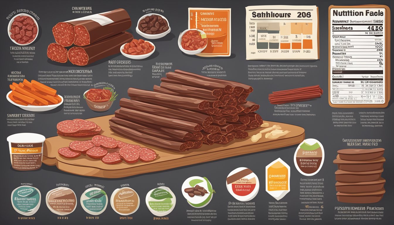 A table with a variety of packaged beef jerky and pepperoni sticks, surrounded by nutritional labels and comparison charts