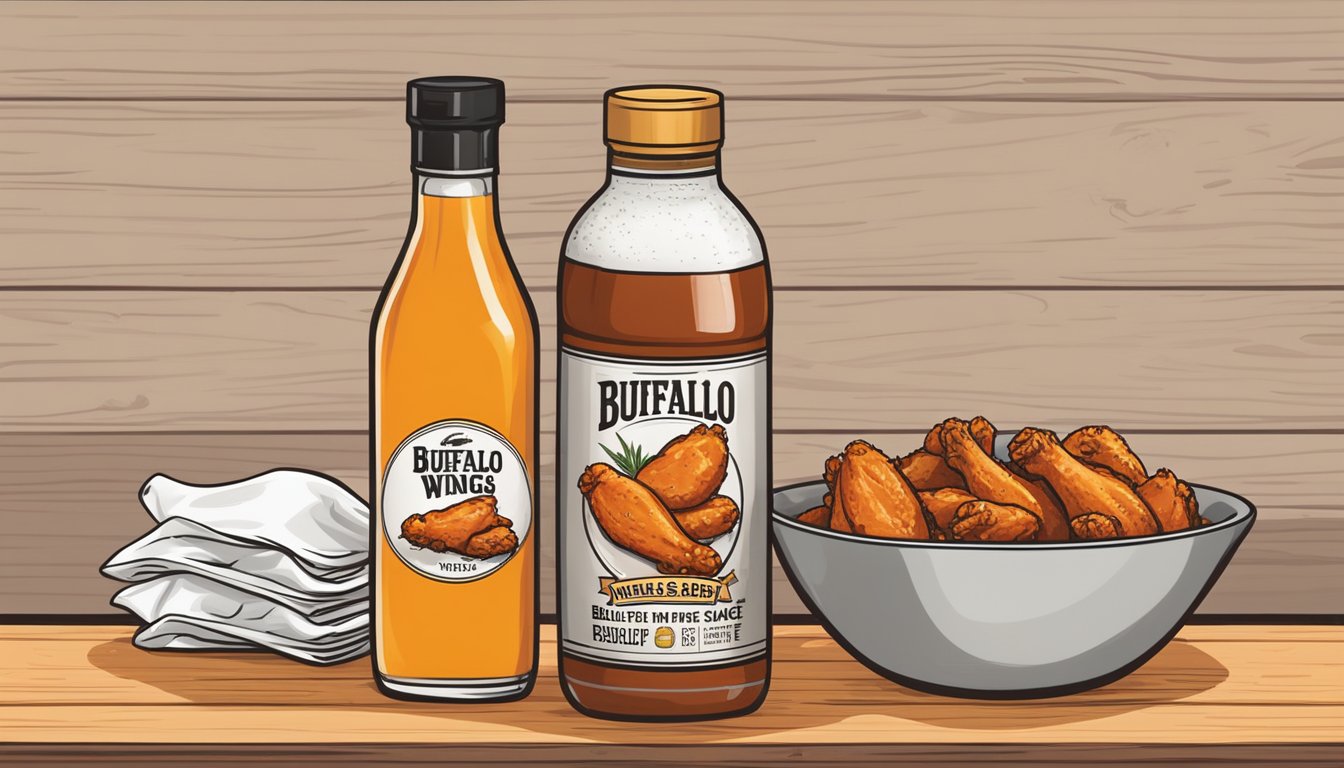 A bottle of buffalo wing sauce and a bottle of honey barbecue sauce sit side by side on a wooden table, surrounded by scattered chicken wings and a pile of napkins