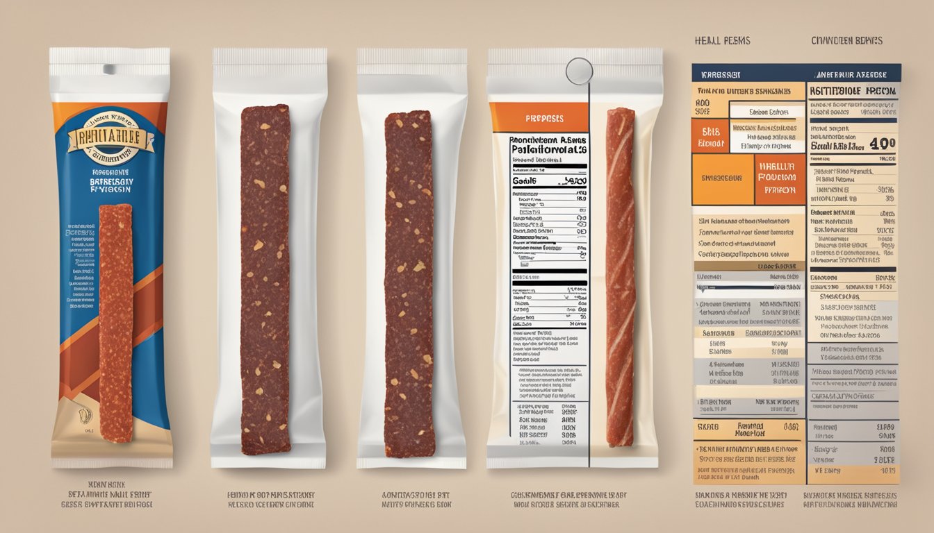 A comparison of packaged beef jerky and pepperoni sticks with nutritional labels and health benefits displayed