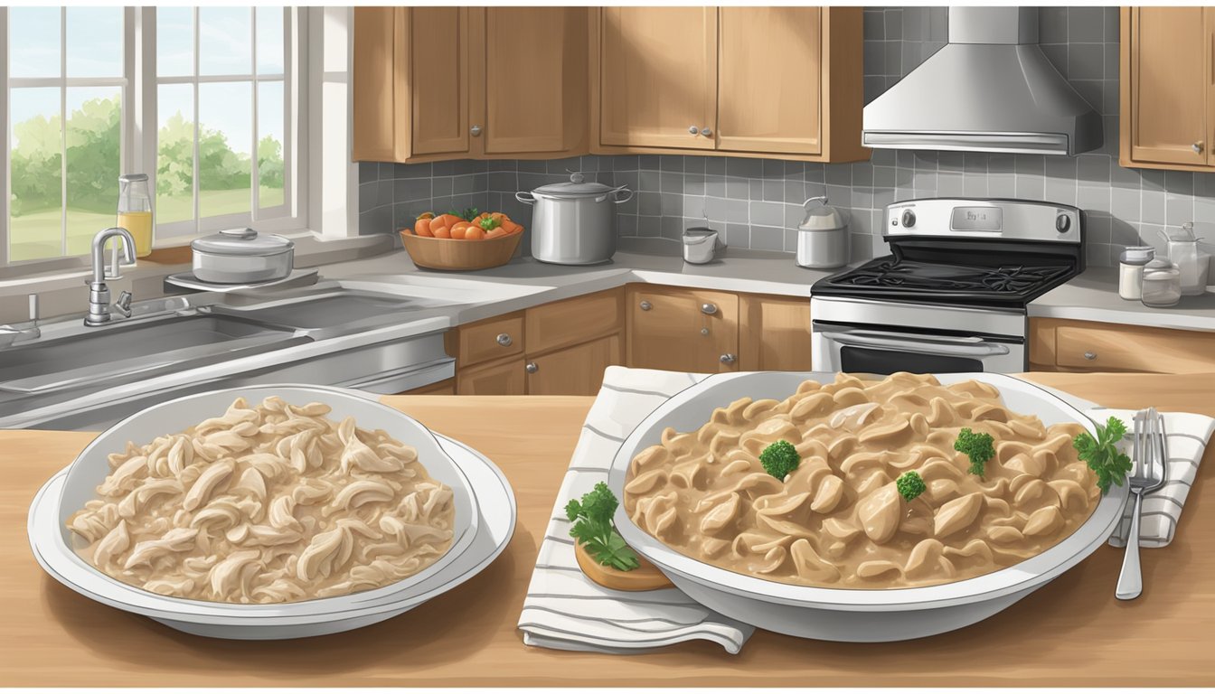 A comparison of packaged beef stroganoff and chicken a la king mixes on a kitchen counter