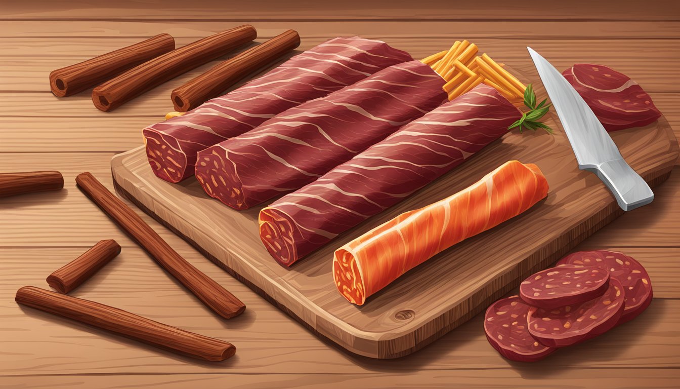 A variety of packaged beef jerky and pepperoni sticks arranged on a wooden cutting board