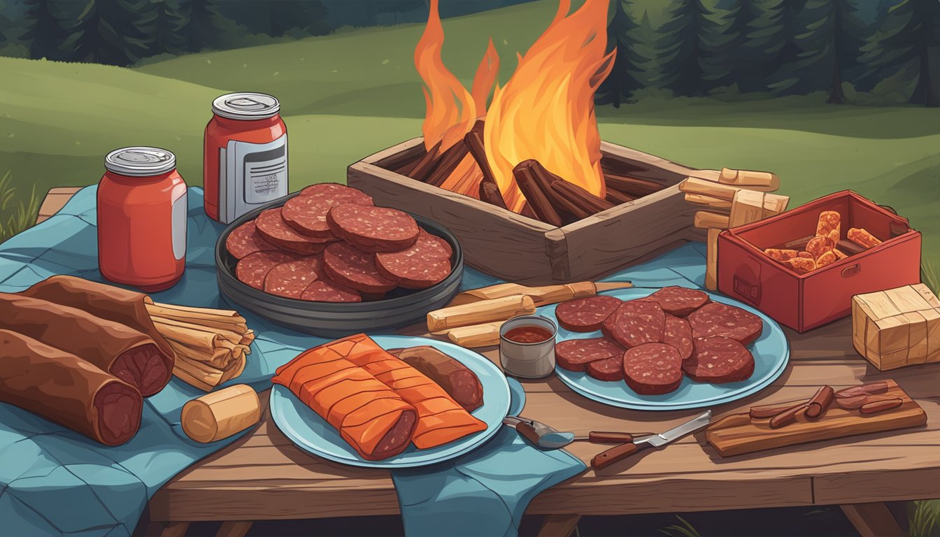 A camping scene with a variety of packaged beef jerky and pepperoni sticks laid out on a picnic table, surrounded by outdoor gear and a campfire